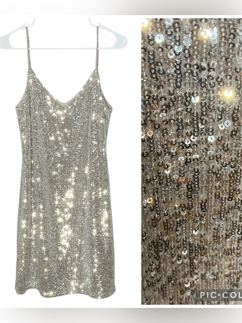 Banana Republic V-neck sequined mini dress in color champagne size 8